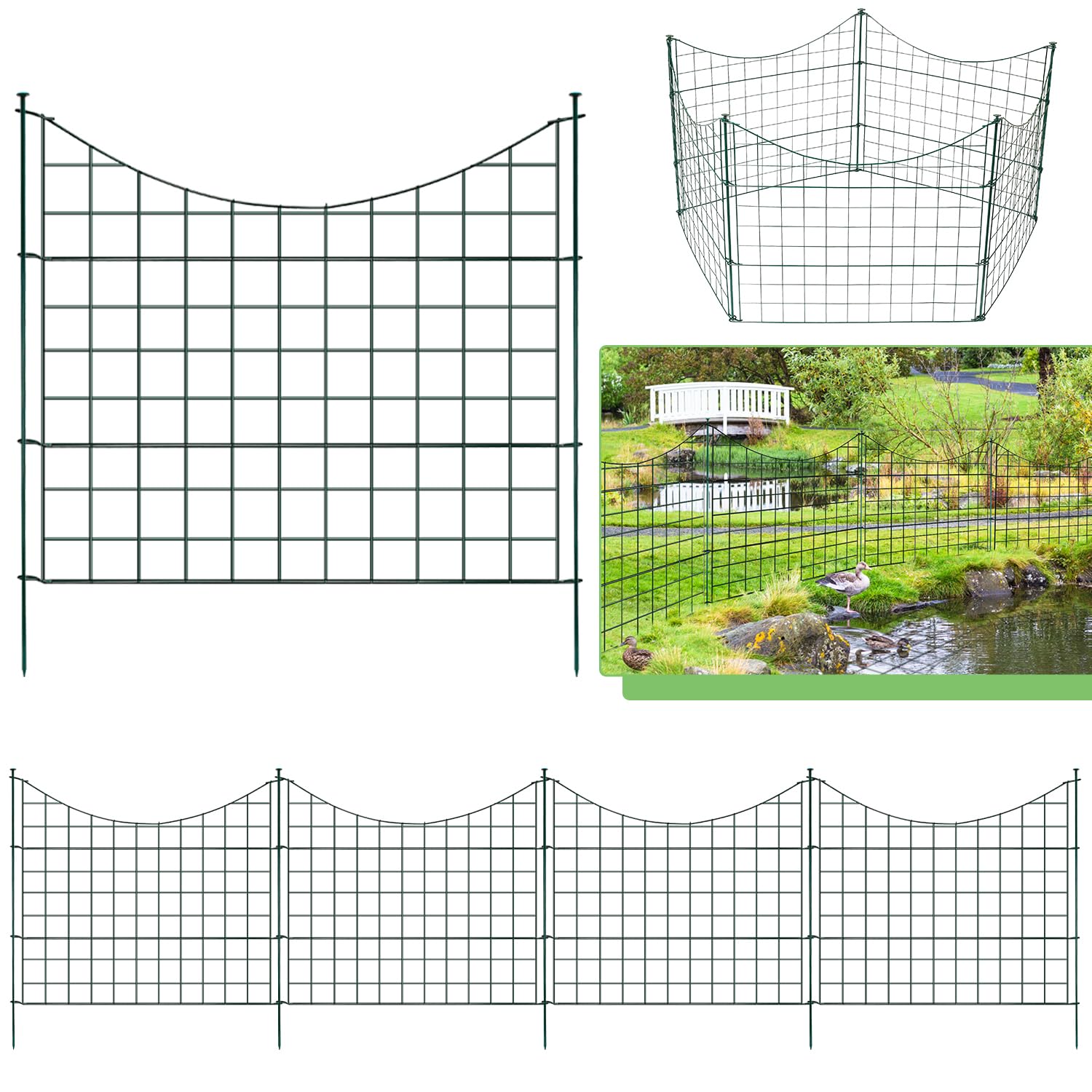 Clôture d'Étang et de Jardin en Métal - 5 Éléments et 6 Barres de Fixation - Pour Chiens, Avec Arche Inférieure