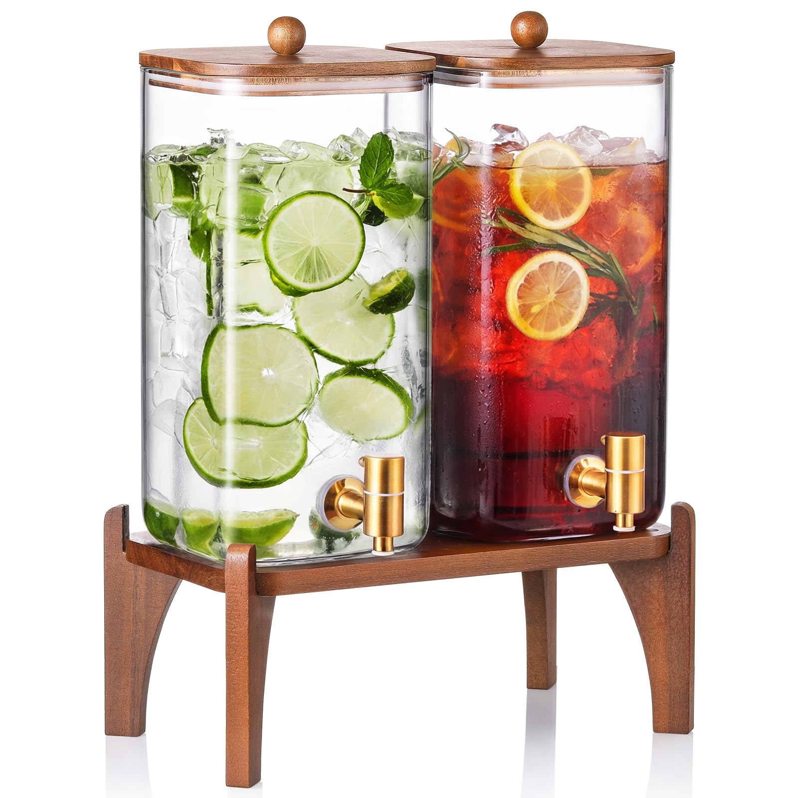 Photo 1 of 2 Pack 1.5 Gallon Square Glass Drink Dispenser with Wooden Stand & Lid, Large Beverage Dispenser with Stainless Steel Spigot, Juice & Lemonade Dispenser for Parties, Iced Tea, Water, Space-Saving