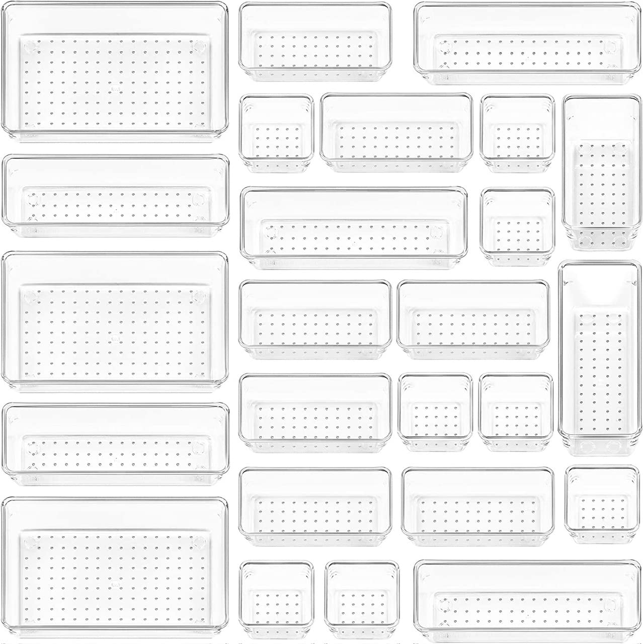SYGNIFIC 25 PCS Clear Plastic Drawer Organizers Set, 4-Size Versatile Bathroom and Vanity Drawer Organizer Trays, Storage Bins for Makeup, Bedroom, Kitchen Gadgets Utensils and Office By Sygnific