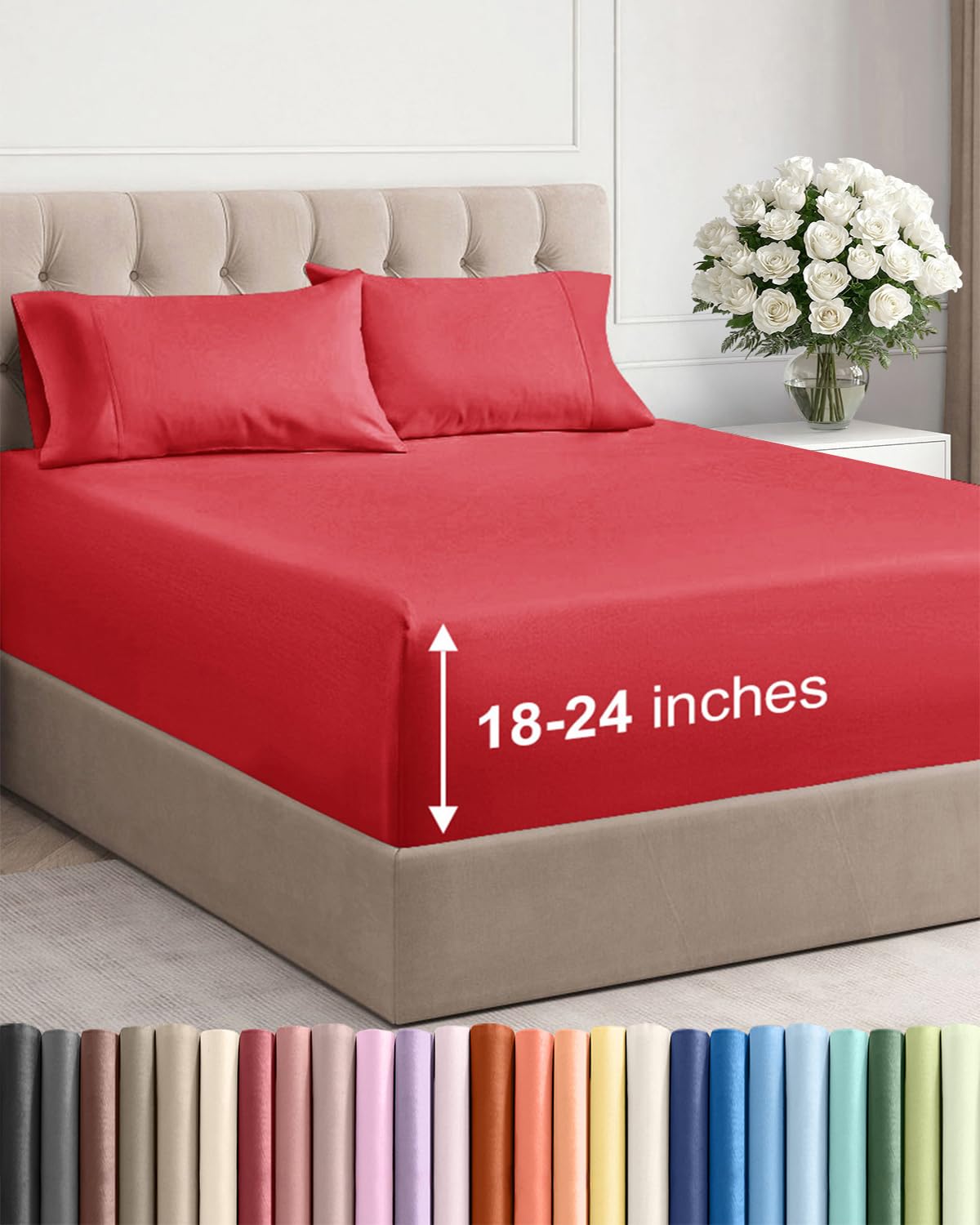 CGK Extra Deep Twin Sheet Set - 4pc Cooling Sheets - Red