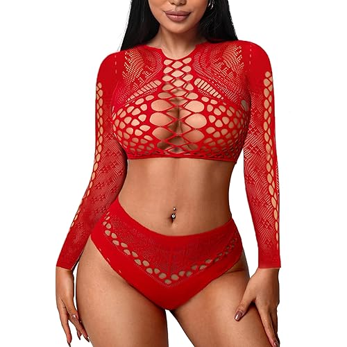 Avidlove Sexy Lingerie Set - Woman's 2 Pcs Fishnet Outfit with Long Sleeve
