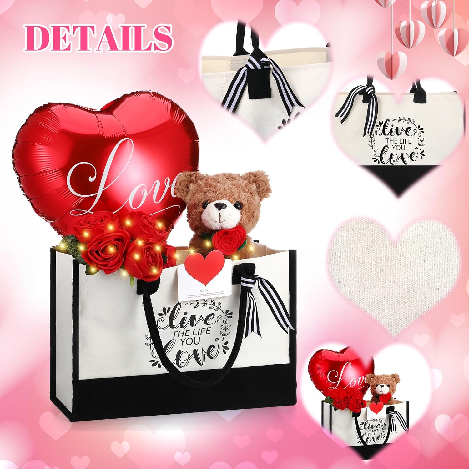 Talltalk 10 Pcs Valentines Day Gift Basket Set Rose Bear for Her Anniversary Flowers Gift Tote Bag Makeup Bag Rose Bear Candle String Light Balloon Card for Girlfriend Wife Mom