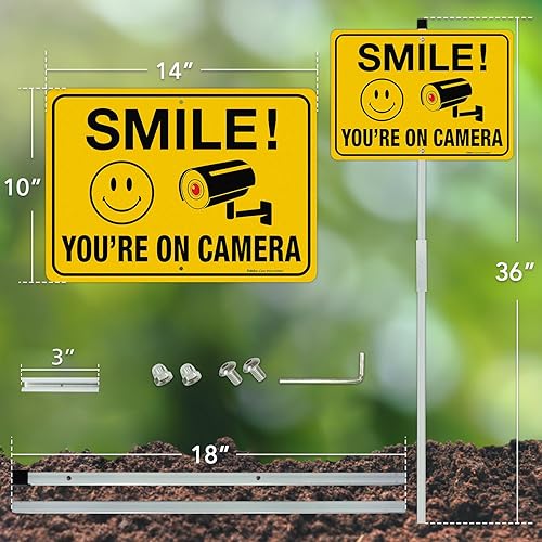 Miniatura 2 de Faittoo Smile Your On Camera Letreros con estaca de 36 pulgadas para exterior, paquete de 2 unidades de aluminio pesado de 14 x 10 pulgadas,