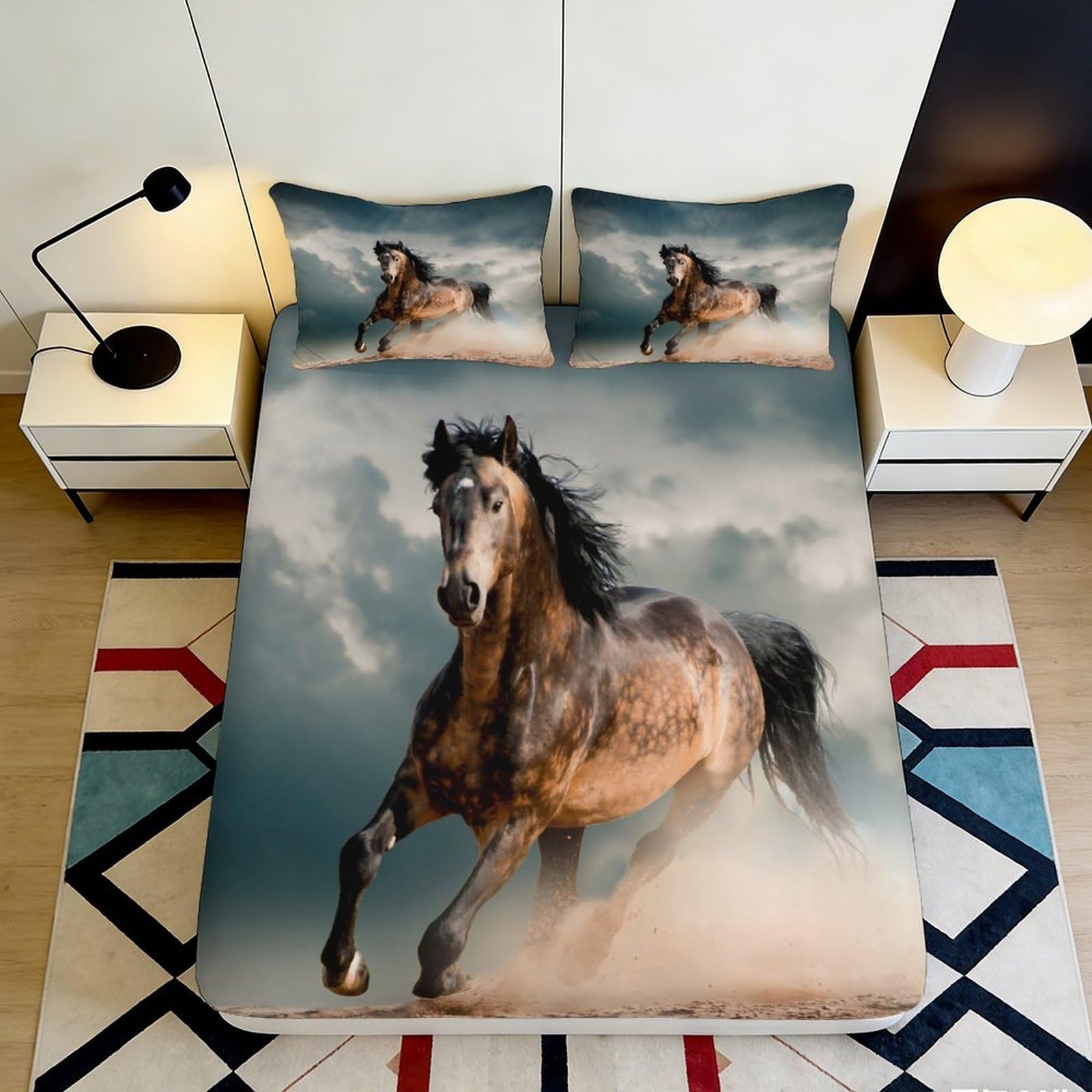 3D Printed Running Horse Fitted Sheet Microfiber Soft Breathable Galloping Horse Mattress Cover for Bedroom Dormitory Guest Room Mattress Protection Decor 120x200x25cm