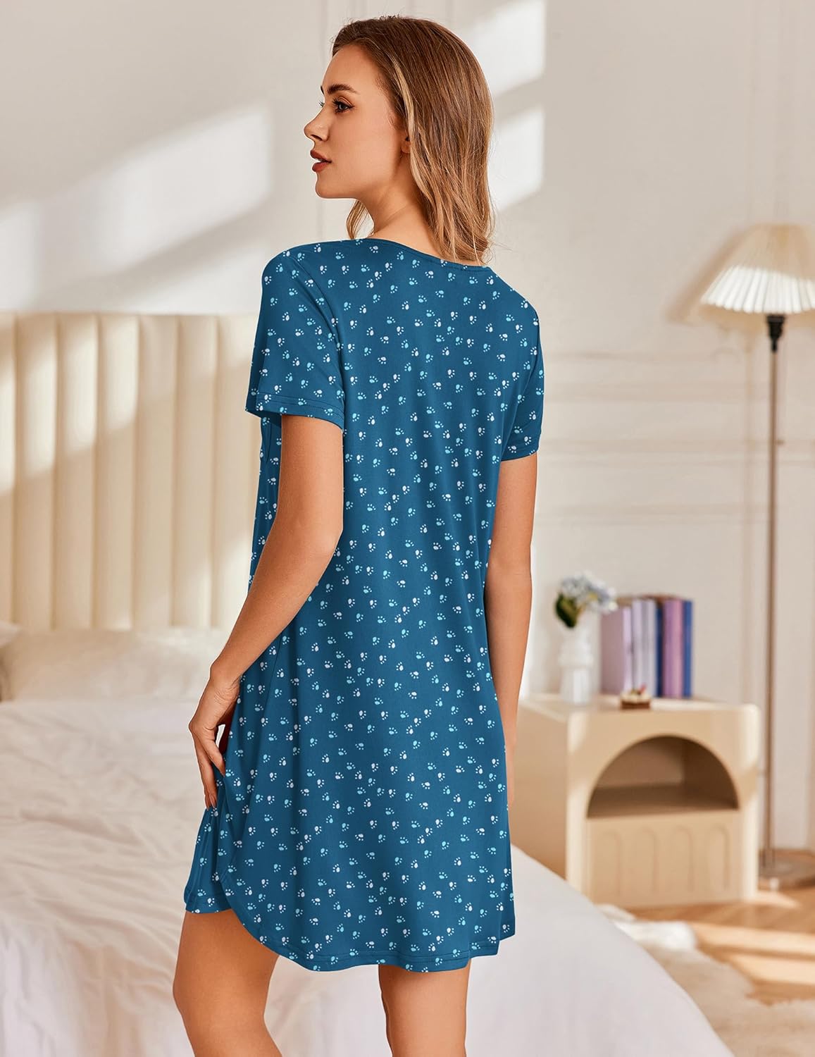 Ekouaer Nightgowns for Women Pleated Sleep Shirts Short Sleeve Night Shirts Lace Trim Night Gown Ladies Sleep Dress - Image 5