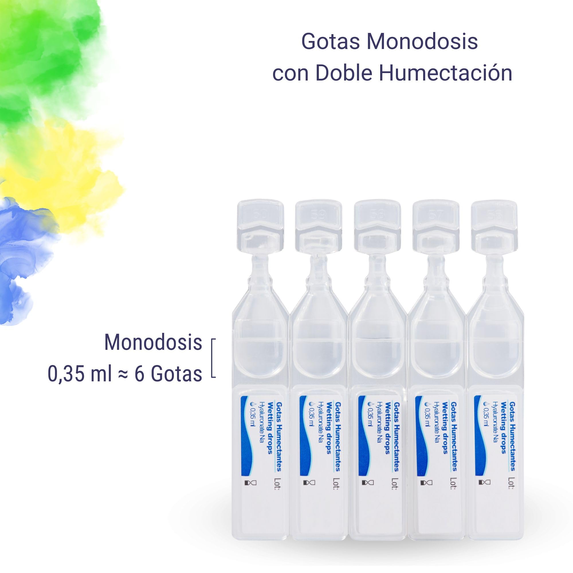 Gotas Ojos Secos Monodosis con Doble Humectación, Lágrimas Artificiales con Ácido Hialurónico e Hidroxietilcelulosa, Hidratantes, sin Conservantes, 20 Viales Monodosis de 0,35 ml