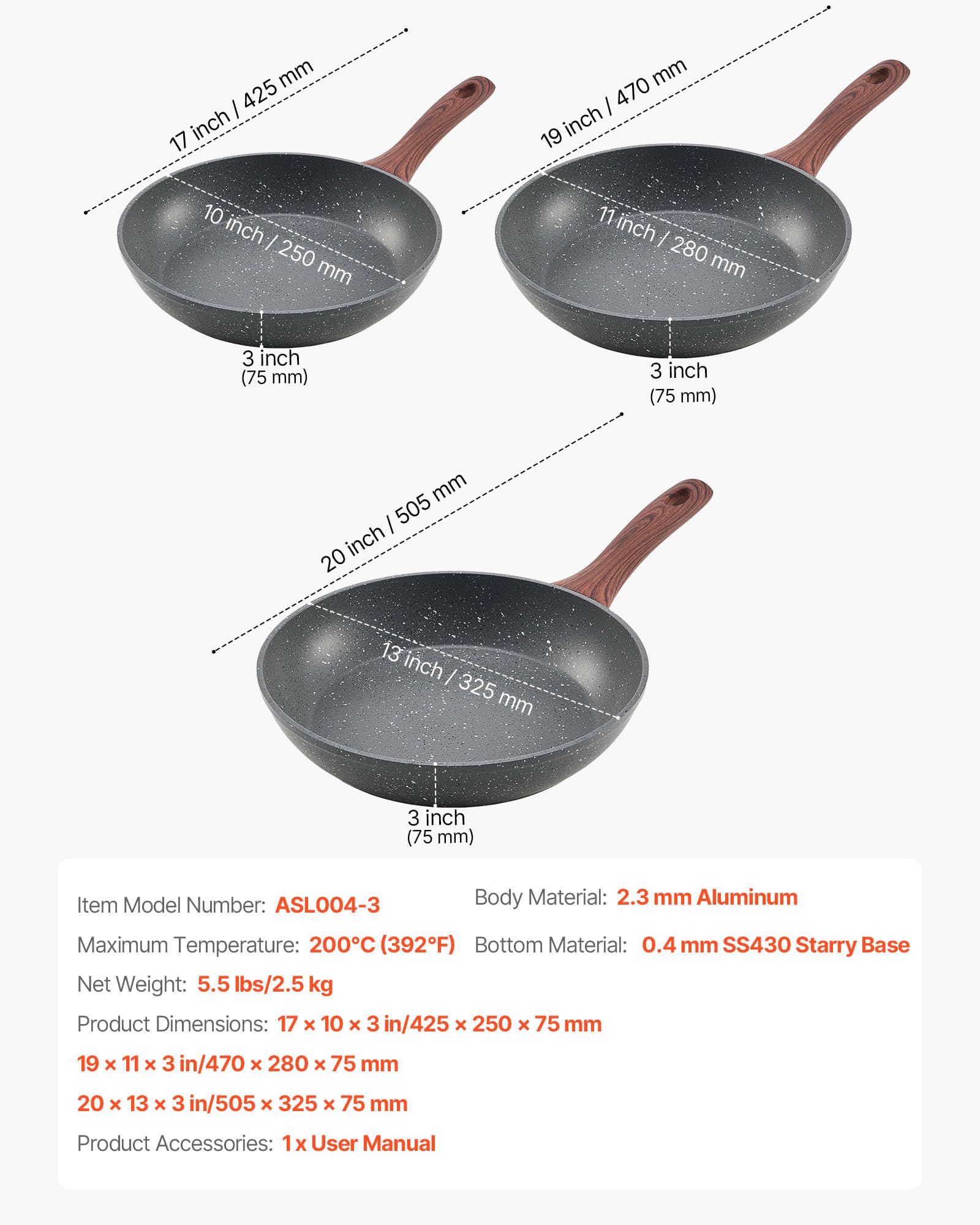 VEVOR Bratpfannen Set 3-tlg., Hochleistungs-Bratpfannen aus Aluminium (Antihaftbeschichtet), Kochpfanne Küchenkochgeschirr geeignet für Gas Elektro Induktion (Grau, 250/280 / 325 mm)