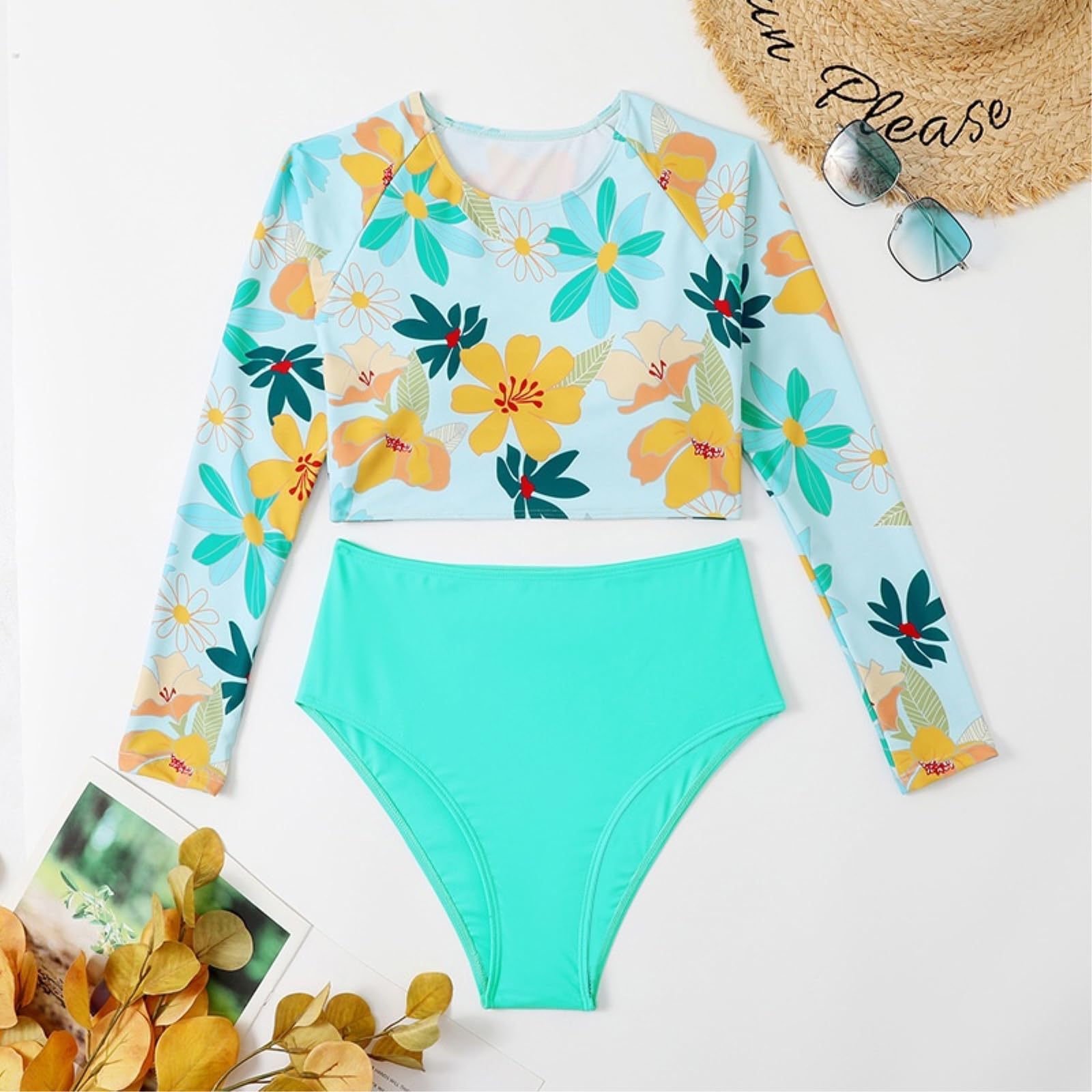 Bikini Donna Manica Lunga Set Alta Vita Florale Due Pezzi Costume da Bagno-604-bl-l