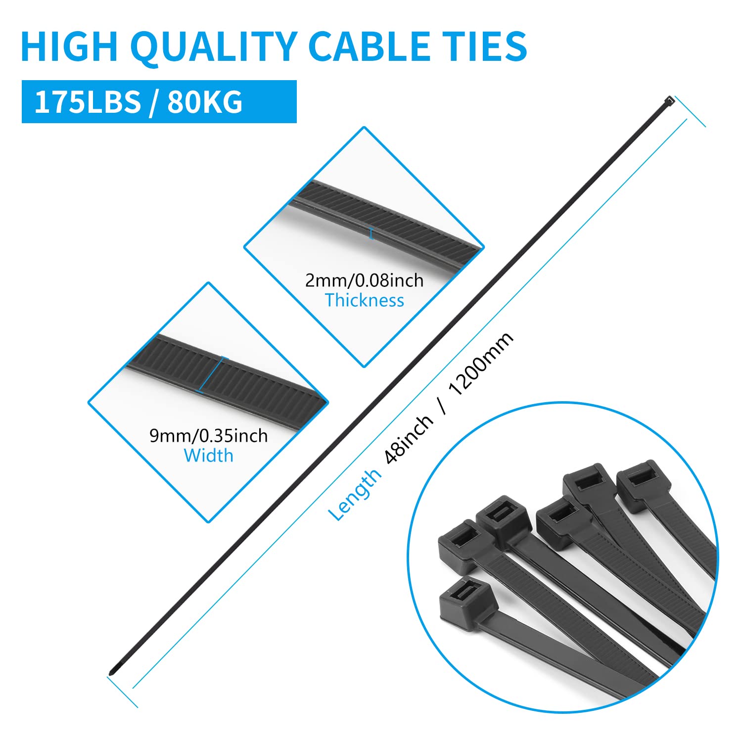 Armpow 50 pièces 9x650mm Résistance à la traction 175KGS/80LBS Serre-câbles Attaches à glissière robustes résistantes aux UV attaches de câble en nylon épaispour la gestion des câbles(Blanc