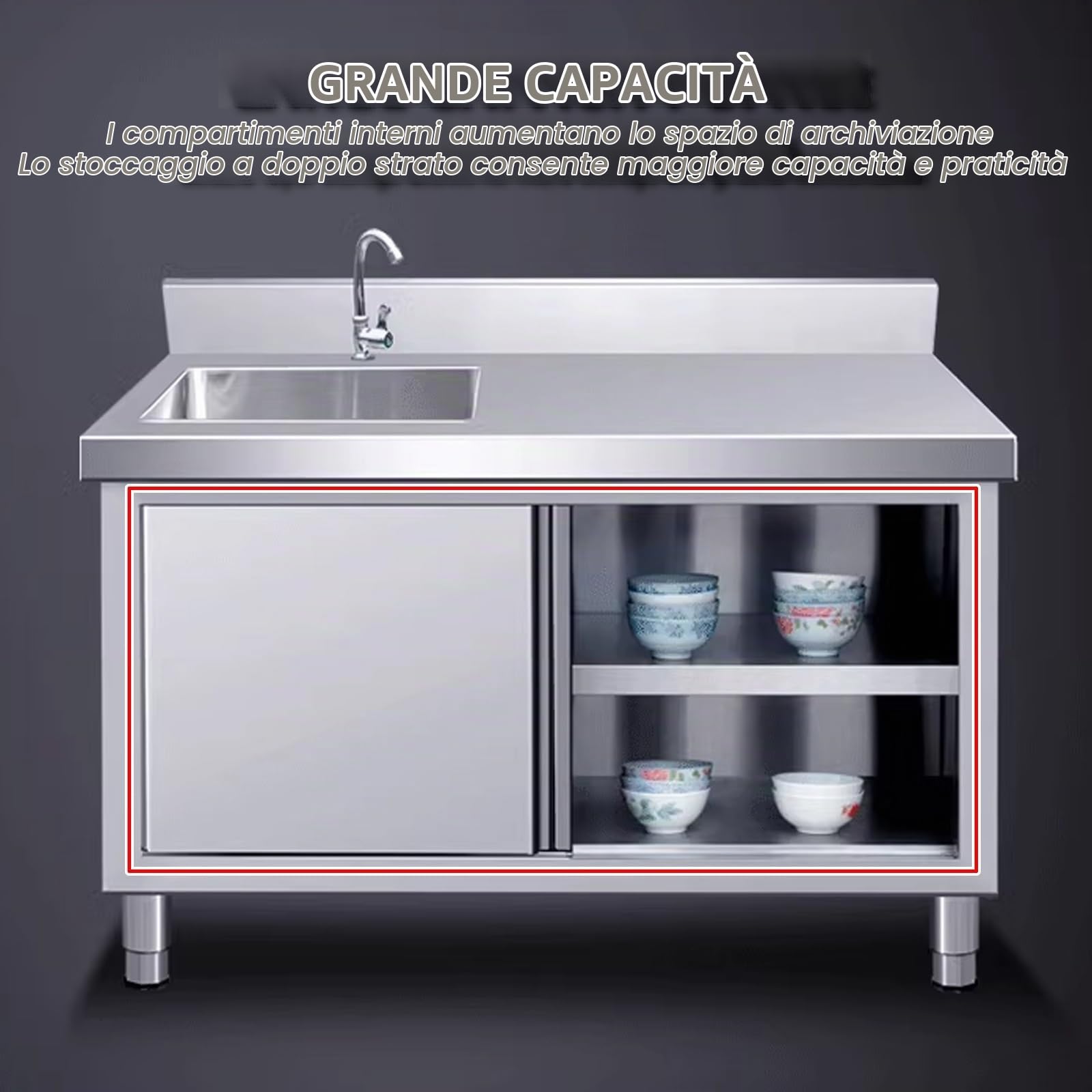 Lavello da cucina di servizio con mobiletto, Lavello singolo in acciaio inox, Lavello per lavanderia con mobiletto, Armadio di stoccaggio con rubinetto da banco, Lavabo per lavaggio a mano da cucina.