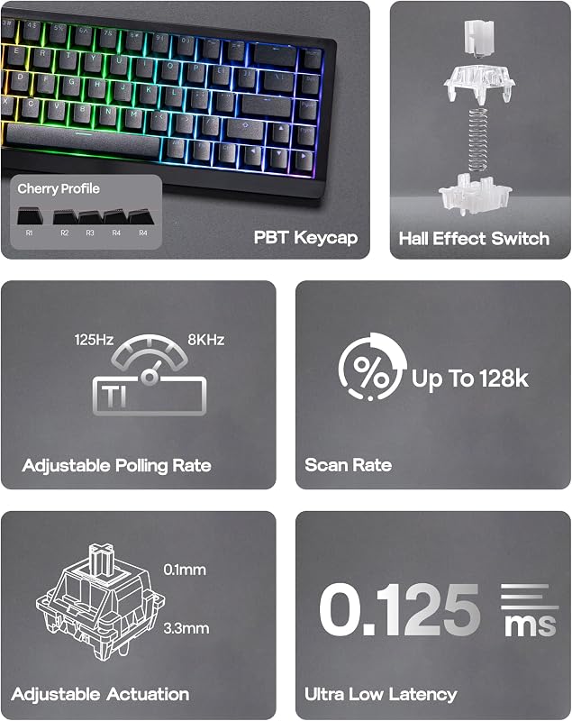 EPOMAKER HE68 Lite Hall Effect Gaming Billentyűzet 8K Polling Fekete