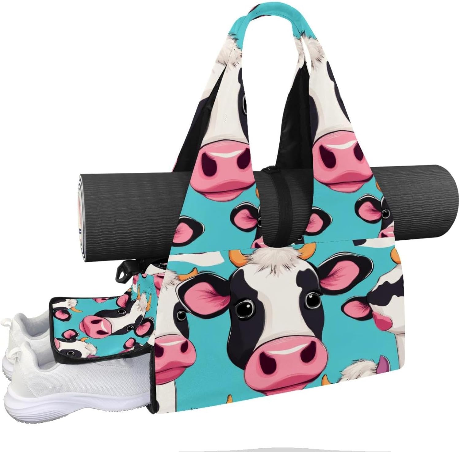 Yoga Mat Bag, Gym Workout Bag with Shoe Compartment, Funny Cow Pilates Bag for Women, Quick Access Storage Yoga Tote Bag for Sports Travel Office