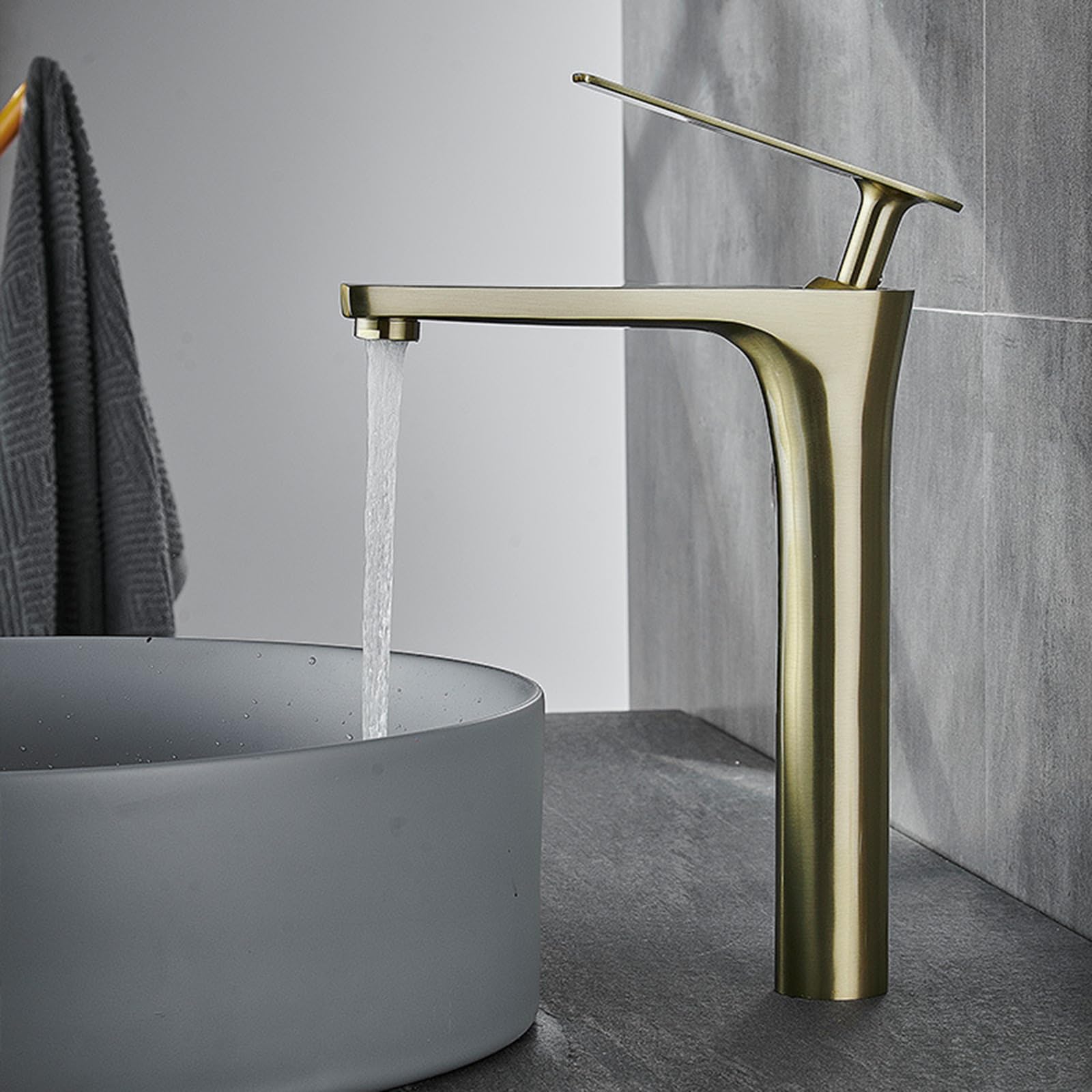 Mischbatterie Waschbecken Bad Armatur Waschbecken Hoch Einhebelmischer Einloch Einloch Warm Und Kaltmischung Aus Kupfer,Gebürstetes Gold,hoch