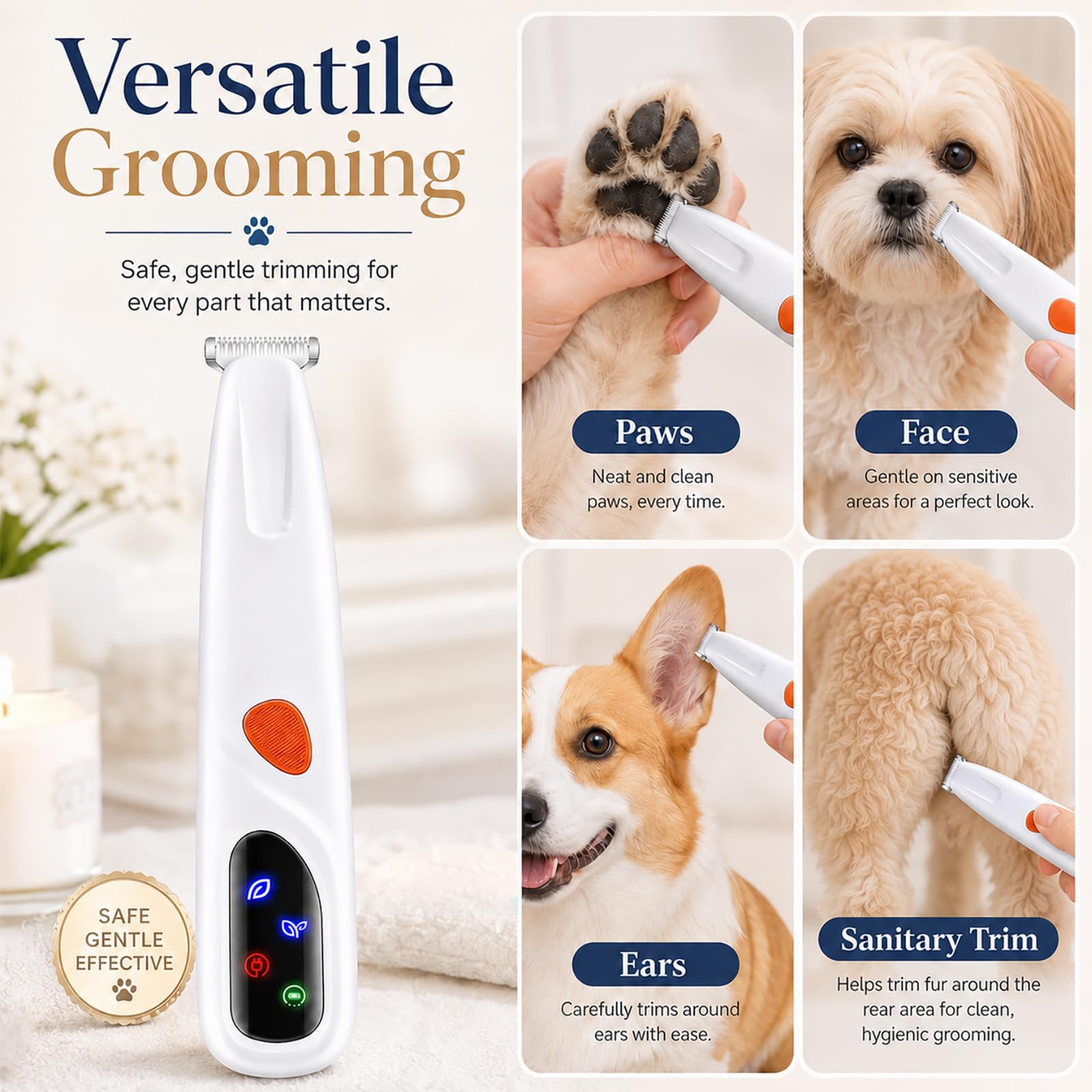 Hunde & Katzen Pfotenhaarschneider, 2 Modus Elektrisch Leise Wiederaufladbare Schermaschine mit LED-Licht & 2 Breite Klingen (2cm), Wasserdicht für Pfoten, Ohren, Gesicht, Rump