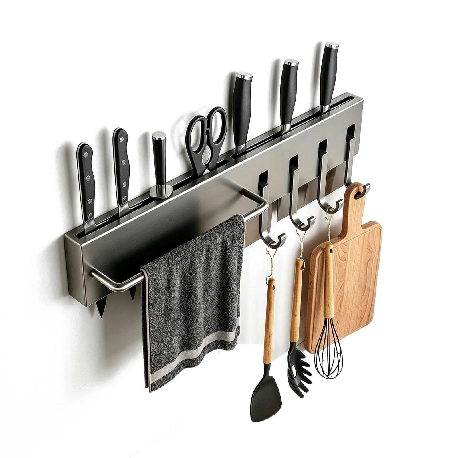 TBATM Kitchen Wall Organizer Rack with Knife Storage, Utensil Hanging Hooks, Cutlery Slot, Multifunctional Wall Mounted Holder for Kitchen Knives, Cooking Tools, Spoons and Forks,30cm