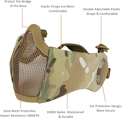 Miniatura 2 de AOUTACC Juego de máscara y gorra de malla Airsoft de media cara, máscara táctica plegable de malla con protección para las orejas para Airsoft