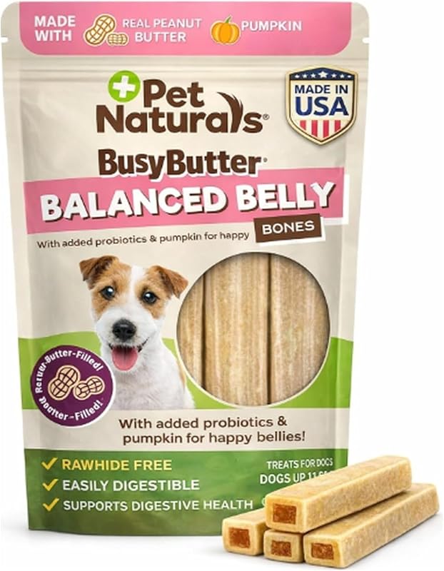 Ossos mastigáveis para cães com pasta de amendoim e abóbora Pet Naturals BusyButter Balanced Belly, tamanho Pequeno, pacote com 22