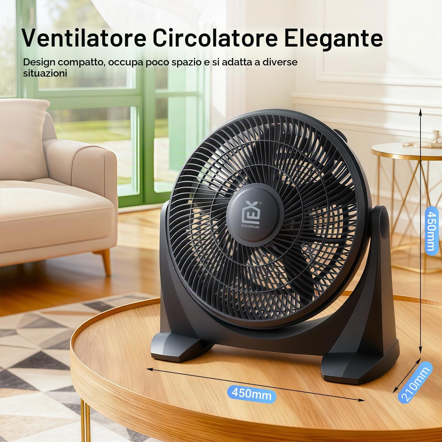 Ventilatore da tavolo silenzioso e potente, 38 cm, 5 pale, 1300 giri/min, 55 W, inclinazione 90° e 3 velocità, raffreddamento ottimale massima sicurezza, griglia di sicurezza, dissipazione termica