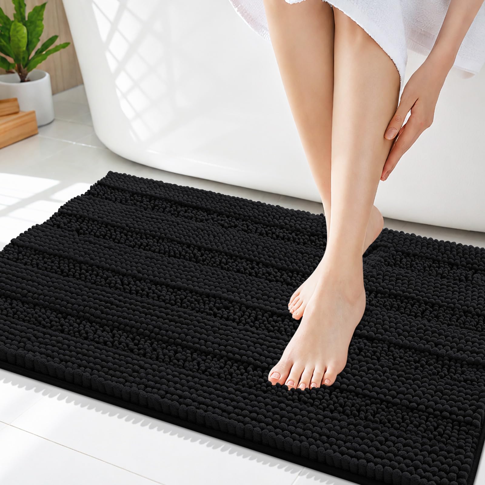 Smiry Thick Chenille Bathroom Rugs 36x24, Soft Absorbent Bath Mat, Black