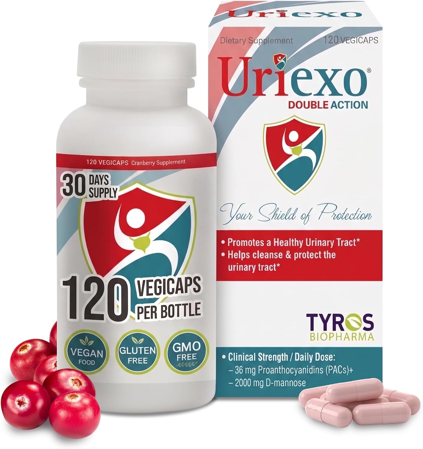Uriexo Double Action Support Cranberry Pills - Urinary Tract Health Supplement with 36mg Proanthocyanidins PACs & 2000mg D-Mannose, Capsules for Men & Women, Non-Antibiotic Formula, 30 Day Supply