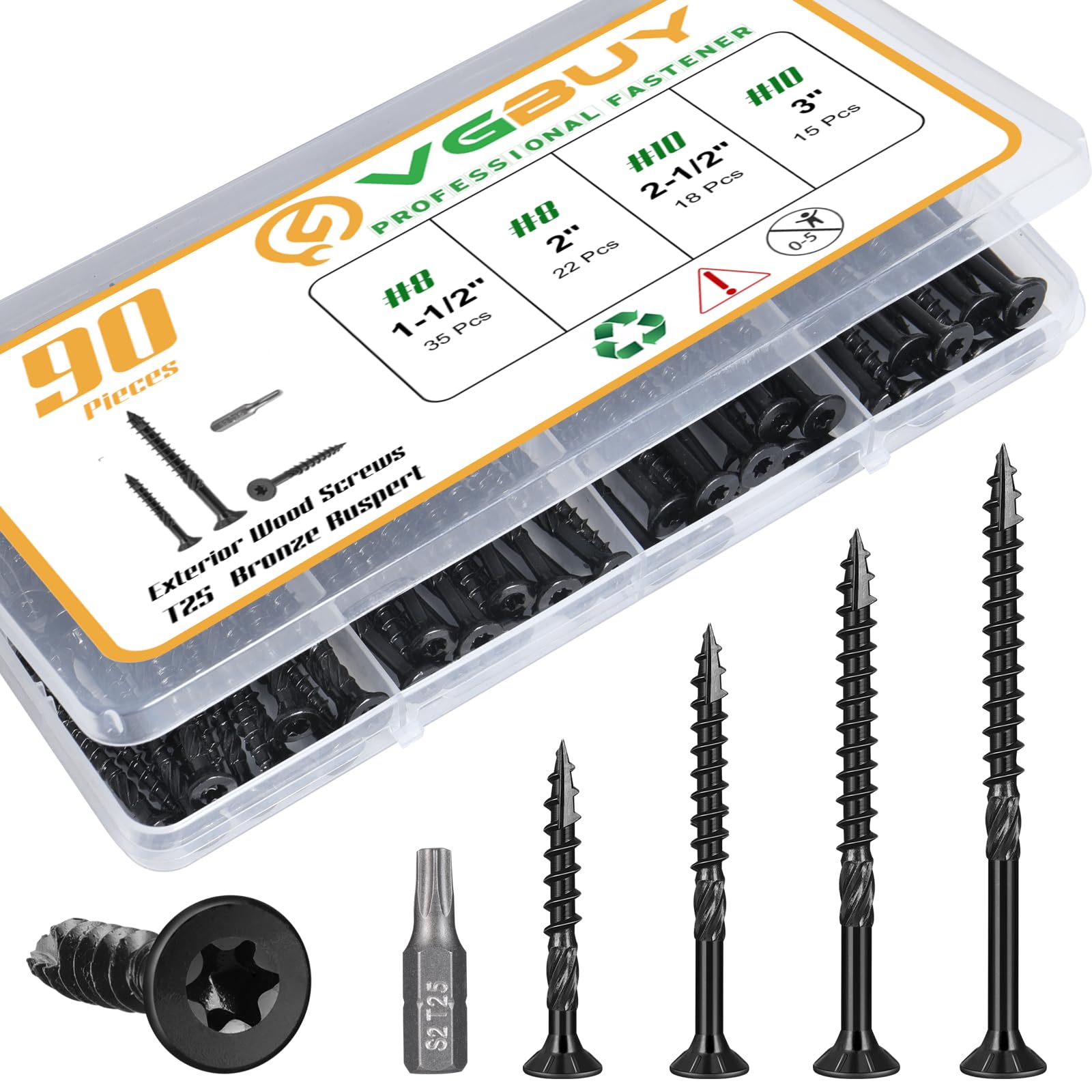 VGBUY 90Pcs Deck Screws, #8#10 Black Wood Screws Assortment Kit, Star Drive,Heavy-Duty Exterior (1-1/2",2",2-1/2",3"),T25 Star Bit