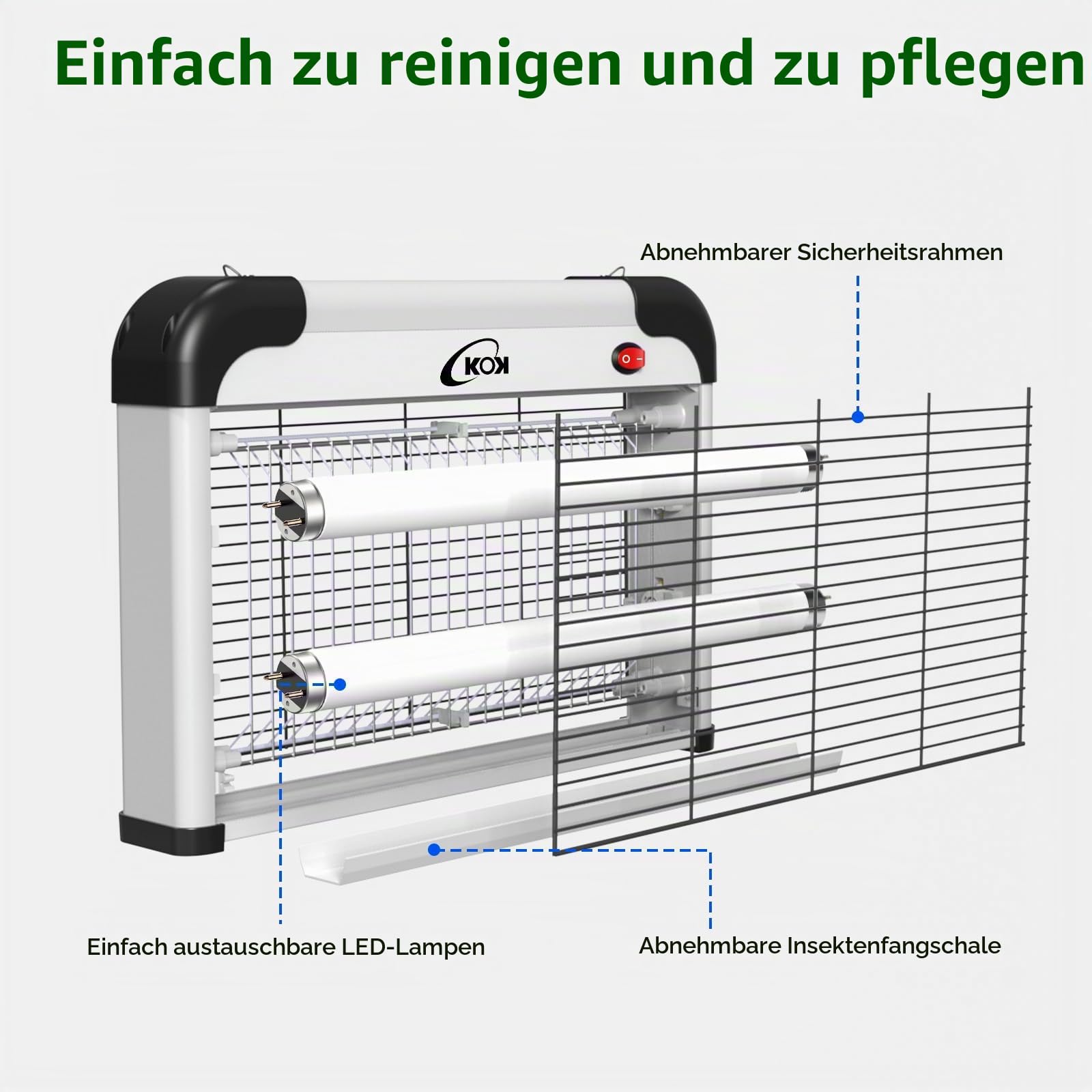 KOK 20W UV Insektenvernichter elektrisch, Mückenlampe mit Zwei Ersatzbirnen geliefert, enthält Keine Chemikalien und eignet Sich für Innenräume wie Schlafzimmer, Wohnzimmer und Küchen