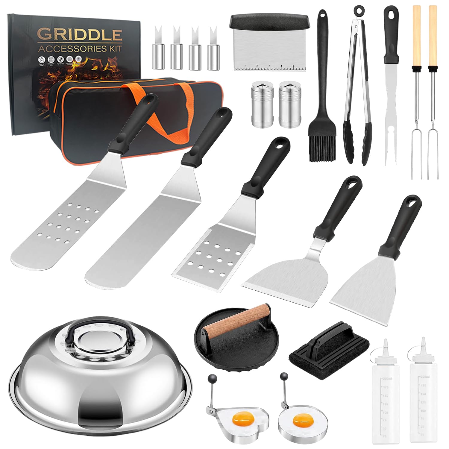25 PCS Griddle Accessories Kit, Flat Top Grill Accessories Set for Blackstone and Camp Chef, Professional Griddle Spatula Tools with Basting Cover and Burger Press for Outdoor Barbecue Indoor Cooking