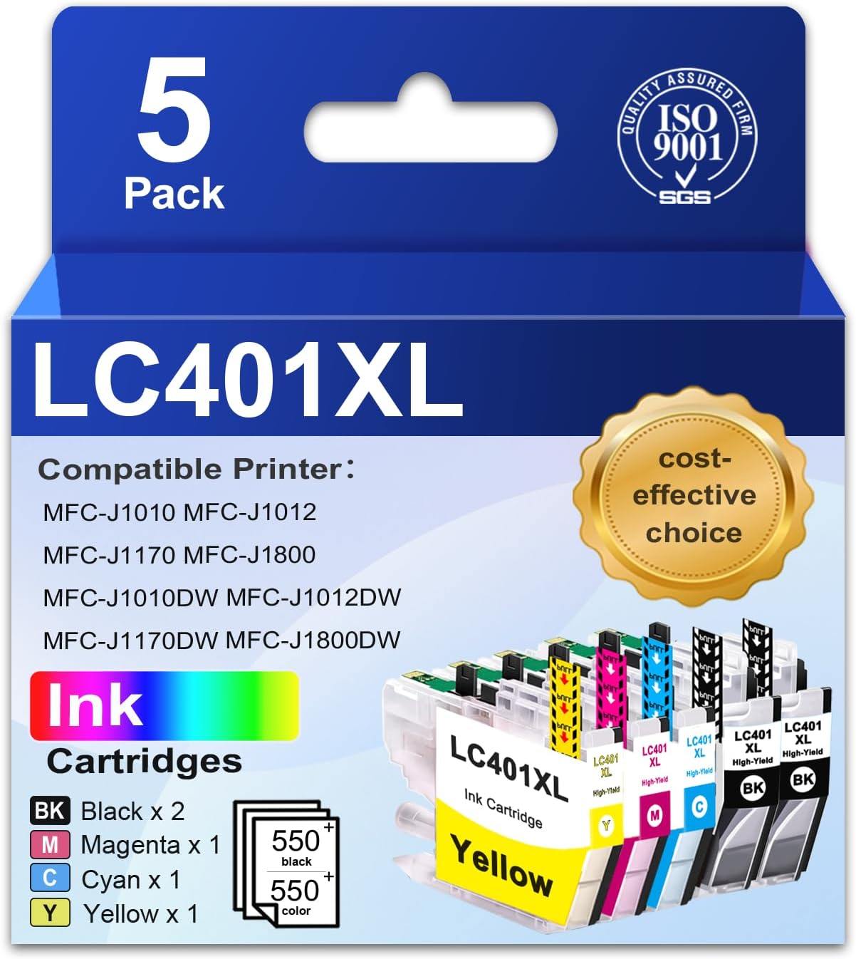 LC401XL LC401 Ink Cartridges (5-Pack, 2Black/Cyan/Magenta/Yellow) Compatible Ink Cartridges Replacement for Brother 401XL LC 401 with MFC-J1012DW MFC-J1170DW MFC-J1010DW Printer