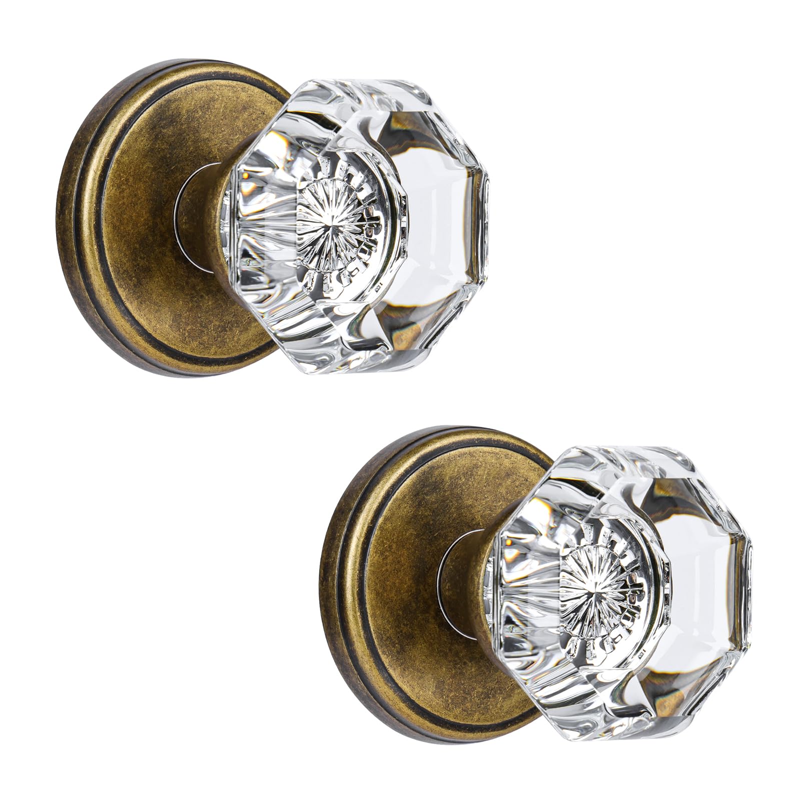 Clctk Vintage Brass Crystal Glass Dummy Door Knob, Closet Bifold Dummy Door Handles Non-Turning Single Side Octagon, Antique Brass, 2 Pack