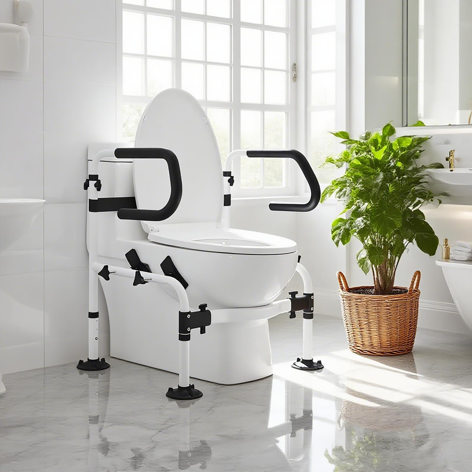 NJUN Supporti di Sicurezza per WC, Larghezza e Altezza Regolabili Telaio di Sicurezza per WC con Corrimano Antiscivolo a Doppio Strato e Grande Ventosa, Supporto WC per Anziani Incinte Disabili