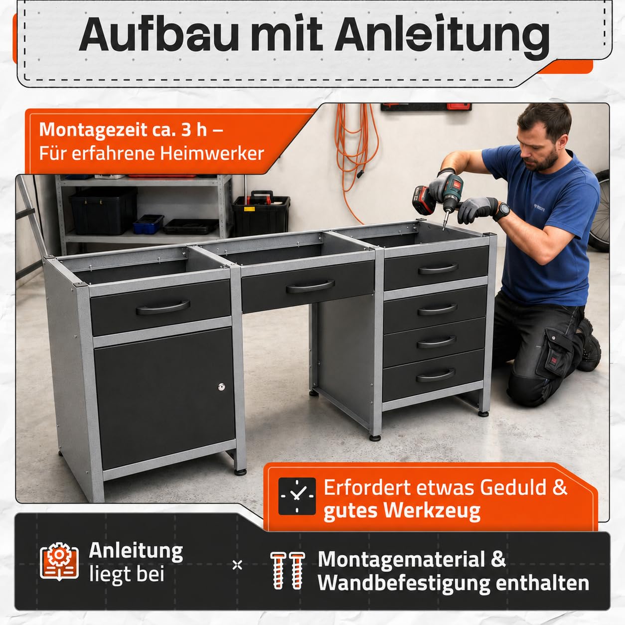 Ondis24 Werkbank 160 cm breit mit 6 kugelgelagerten Schubladen und Sitzplatzöffnung in der Mitte, Staufach mit großer abschließbarer Tür, Werktisch Montagewerkbank Werkstatttisch