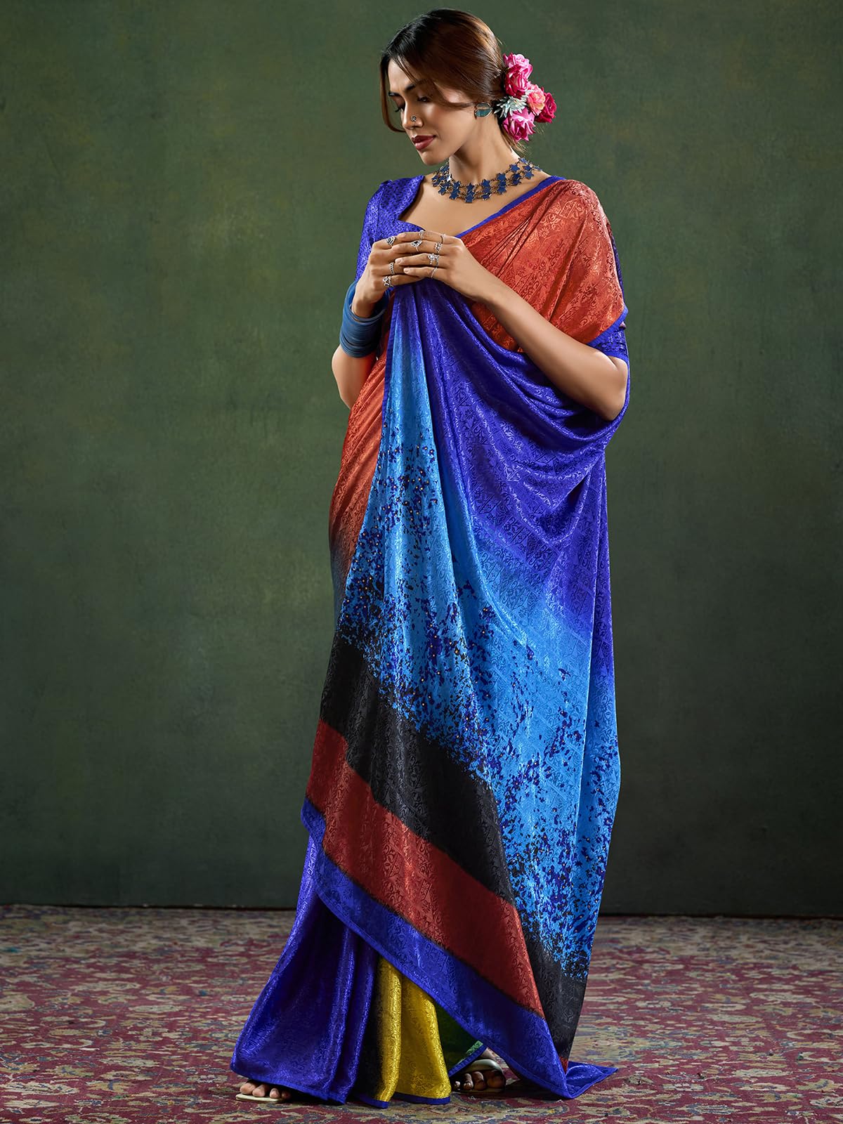 Satrani Women's Silk Crepe Weaving Printed & Stone Work Saree With Unstitched Blouse Piece (4180S116N_Blue & Multi)