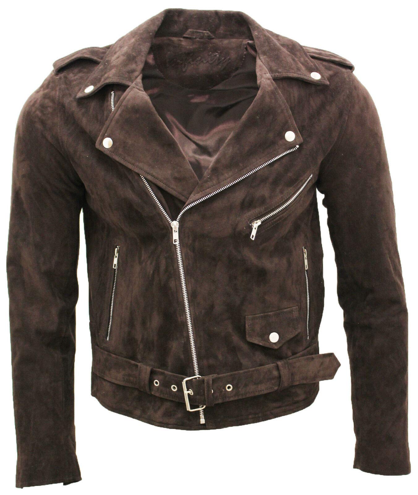 Men's Classic Brando Casual Brown Suede Leather Biker Jacket 5XL
