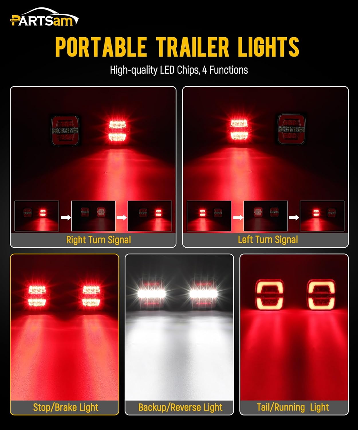 Partsam Wireless Trailer Light Kit, Portable Magnetic LED Tow Lamp, Stop Brake Turn Reverse Towing Tail Lights w/Metal Base Suction Cup 7-Pin Plug for Trucks Trailers 12-24V IP67 Waterproof