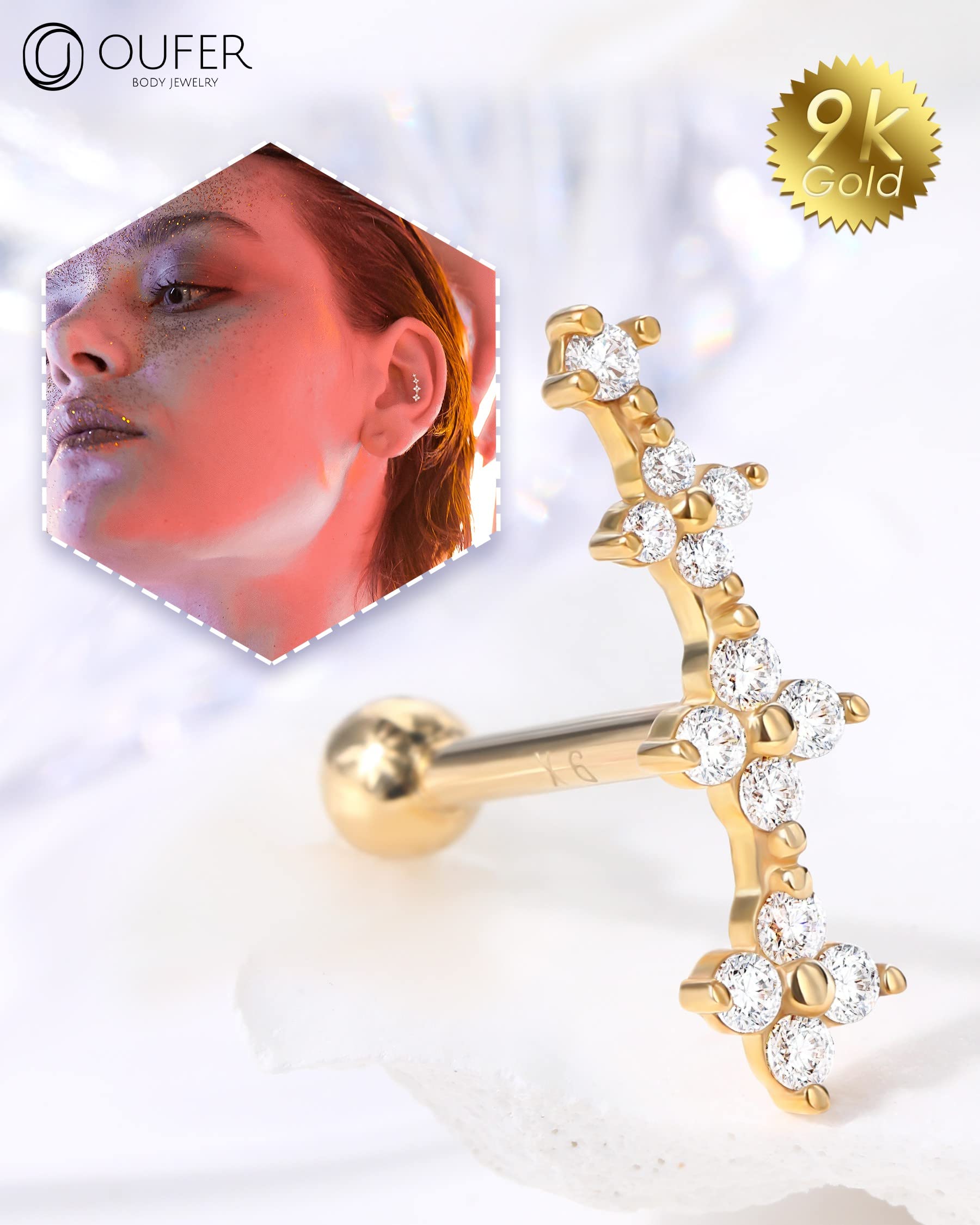 OUFER Orecchini per cartilagine in oro 9 carati, 16 G, AAA+ e zirconia cubica, piercing per elica anteriore, anello a conchiglia, anello superiore per trago, gioielli per donne e ragazze