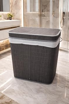 Lüks Bambu 3 Bölmeli Çamaşır Kirli Sepeti 52X32X60CM Büyük Boy 100 Lt (Antrasit)