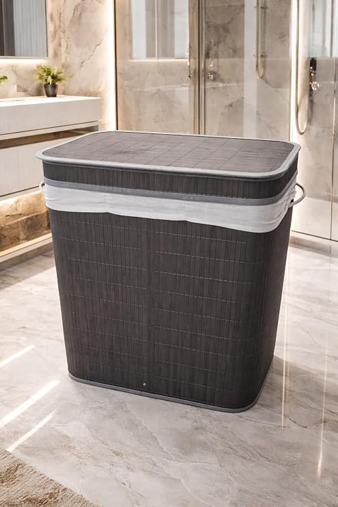 Lüks Bambu 3 Bölmeli Çamaşır Kirli Sepeti 52X32X60CM Büyük Boy 100 Lt (Antrasit)