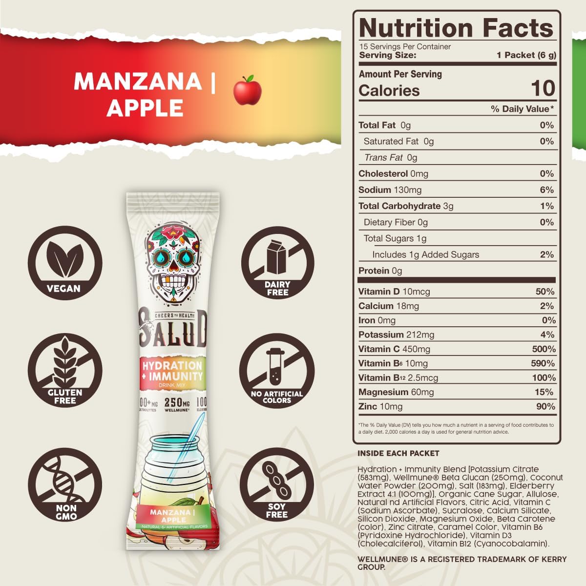 Salud 2-in-1 Hydration Packets + Immunity Electrolytes Powder, Apple - Manzana Agua Fresca Drink Mix, Elderberry, Dairy & Soy Free, Non-GMO, Gluten Free, Vegan, Low Calorie, 1g Sugar (15 Servings)