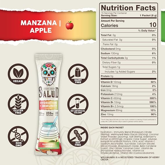 Salud 2-in-1 Hydration + Immunity Drink Mix, Apple | Electrolytes Powder, Agua Fresca, Elderberry, Dairy & Soy Free, Non-GMO, Gluten Free, Vegan, 1g Sugar (15 Servings)