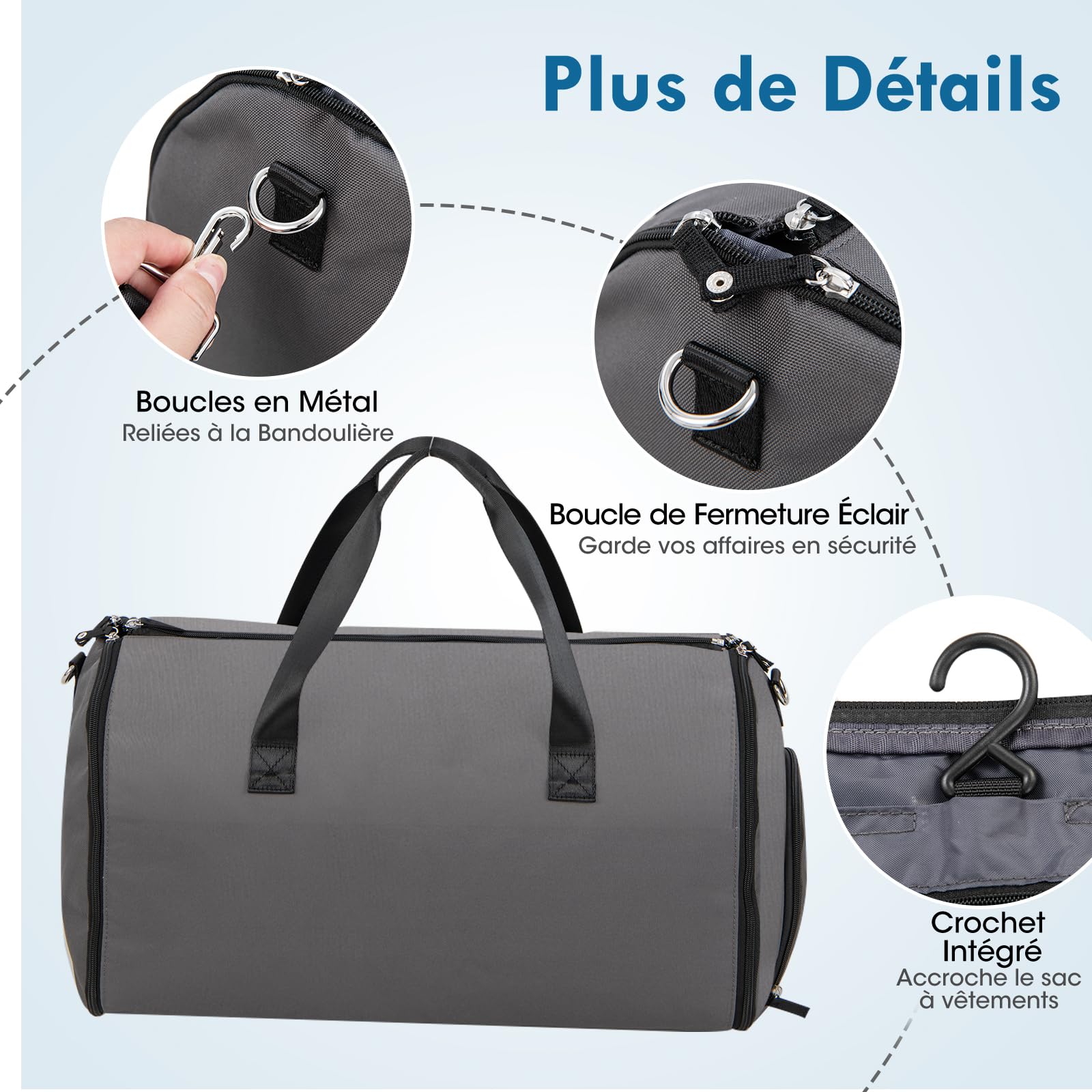 GOPLUS Sac à Vêtements, Sac Polochon 2-en-1 avec Poche à Chaussures, Poche à Cravates, Poche à Passeport et Sangle Amovible, Valise Suspendue de 50L pour Voyages d'affaires et de Loisirs (Gris)