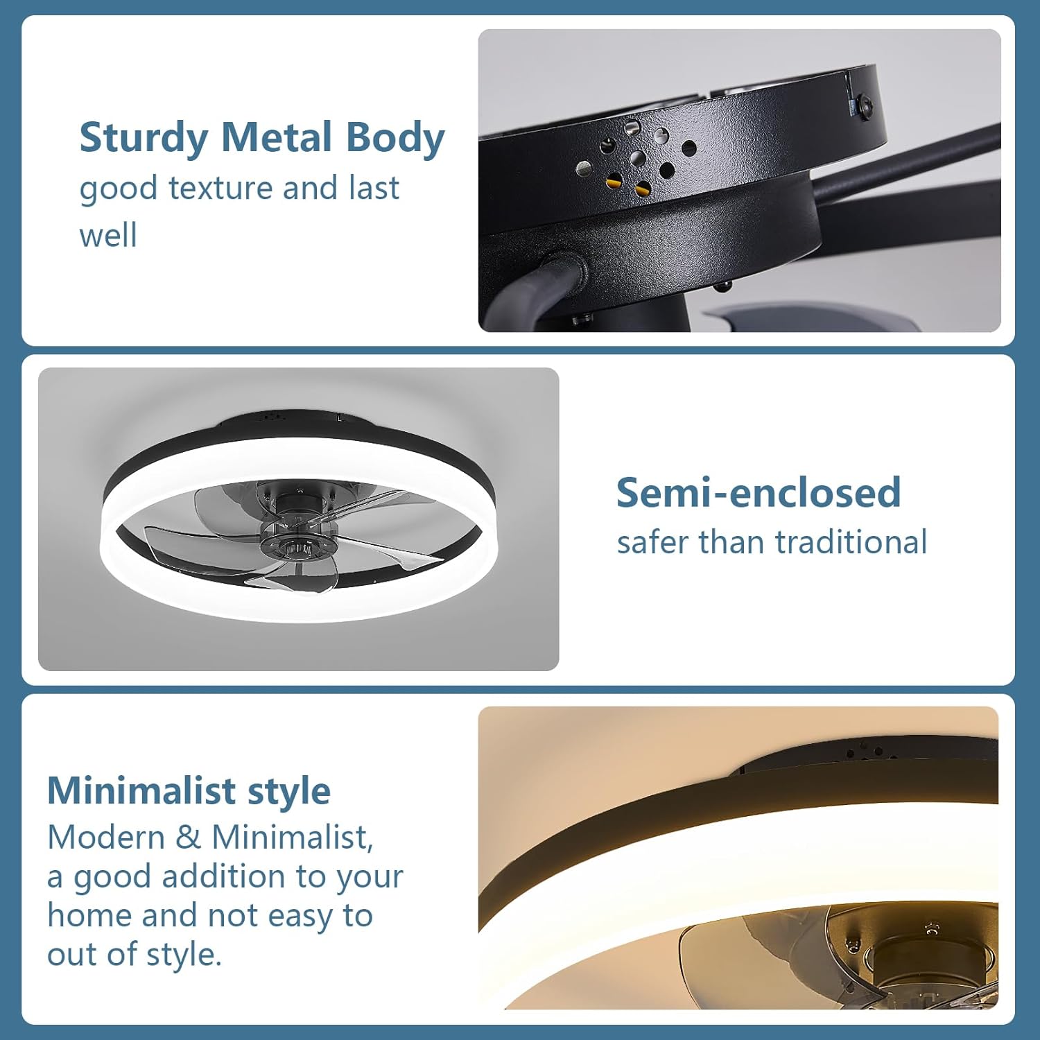 19.7" Ceiling Fans With Lights, Semi-enclosed Flush Mount Low Profile Ceiling Fan for Safe Use, 6 Speeds, Reversible, LED Dimmable, 3 Color Temperature Optional, DC Motor,With Remote (Minimalist)