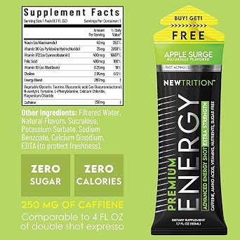 NewTrition Extra Strength Energy Shots, 1.7 fl oz - 250mg Caffeine with Vitamin B & Amino Acids, Sugar-Free, Zero Calorie Vitamin Energy Drink for Focus & Endurance (Pack of 6, Apple Surge)
