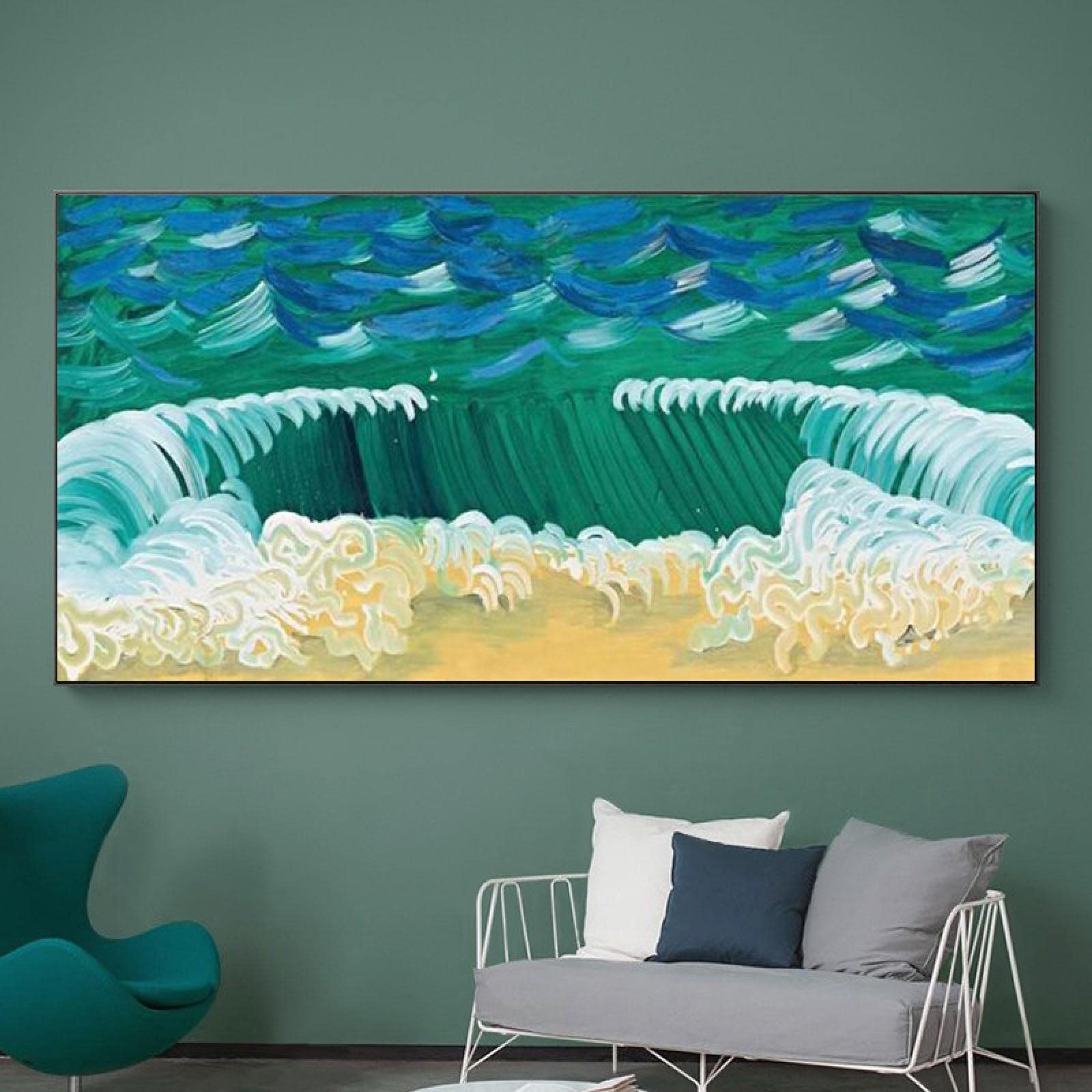 Peinture sur toile vert printemps pour raviver un mur vide avec un paysage abstrait 50x100