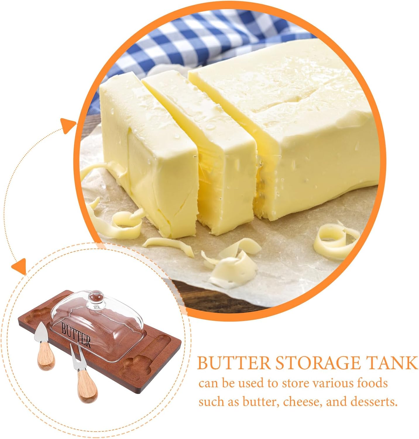 Butter Dish with Lid and Dome Cover Brown Wood Tray Butter Storage Container with Dual Knives Food-grade for Refrigerator and Table Use
