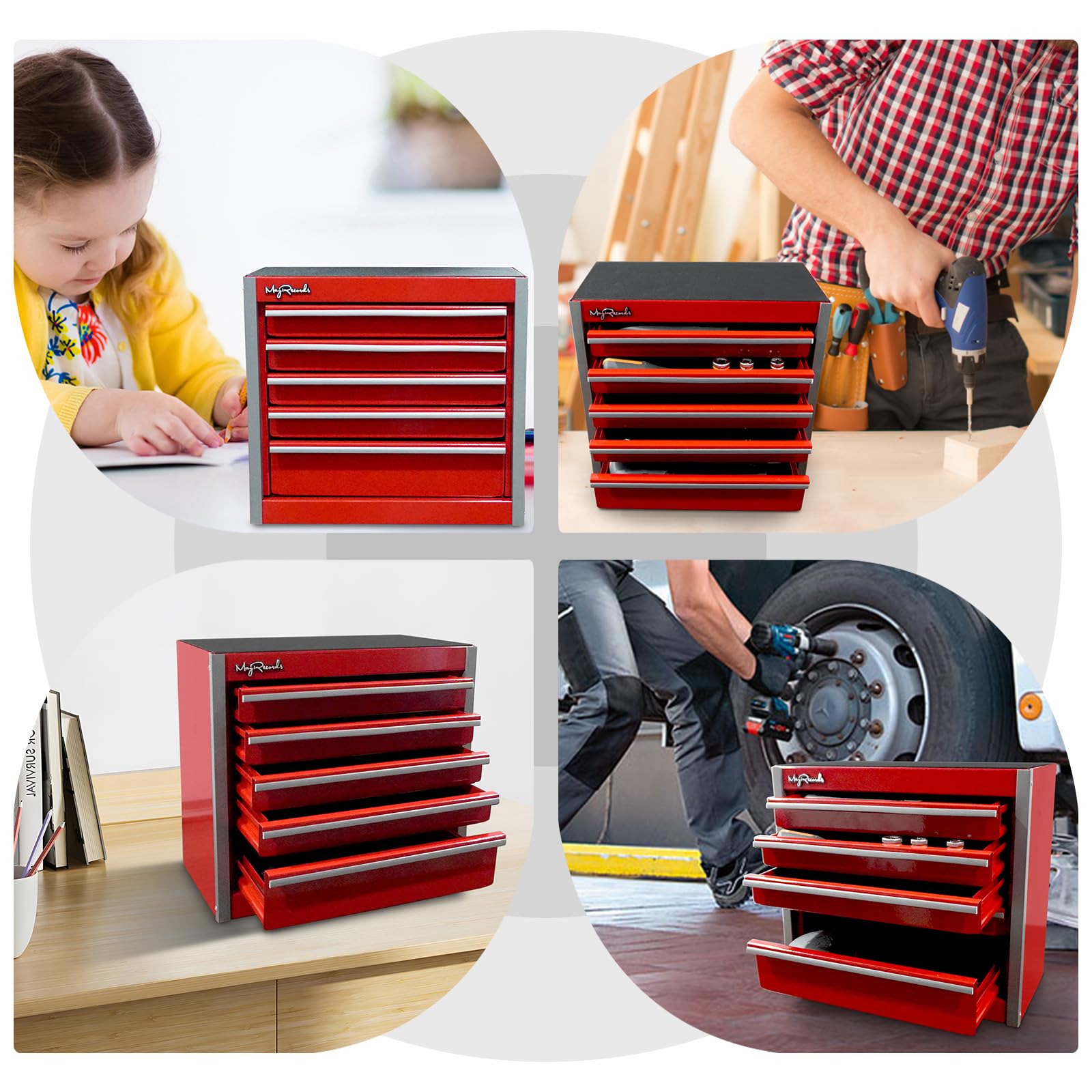 Mini caja de herramientas de metal roja con 5 cajones y almacenamiento superior, bricolaje en casa | Almacenamiento y organizadores de herramientas portátiles