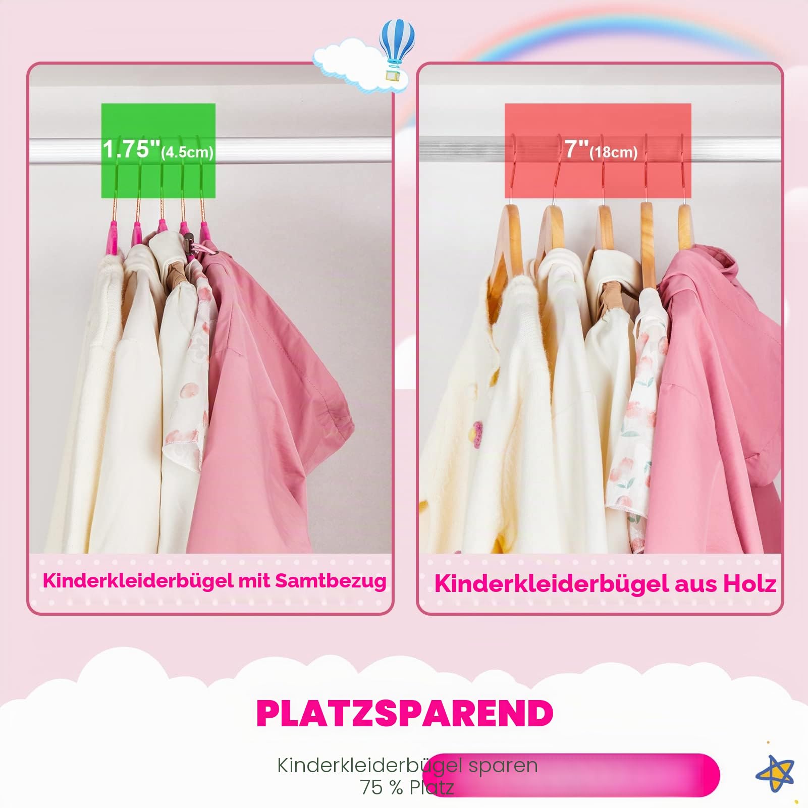 HOUSE DAY Samt-Kleiderbügel, 60 Stück, Premium-Kinder-Kleiderbügel für Schrank, ultradünn, niedlich, rutschfest, kleiner Filz-Kleiderbügel, 35,6 cm, für Kinderkleidung, Hot Pink