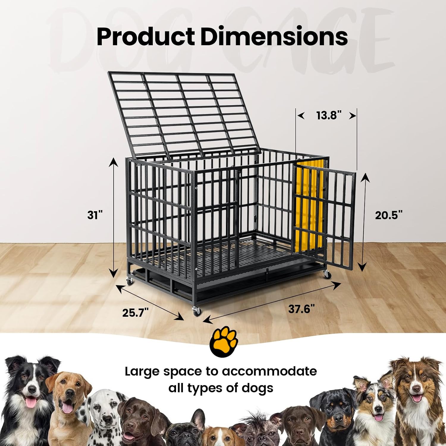 38 Inch Heavy Duty Indestructible Dog Crate, New Upgrade Tray for Large Dogs, Escape Proof with Thick Flat Tube, Sturdy Locks, Double Door with Wheels
