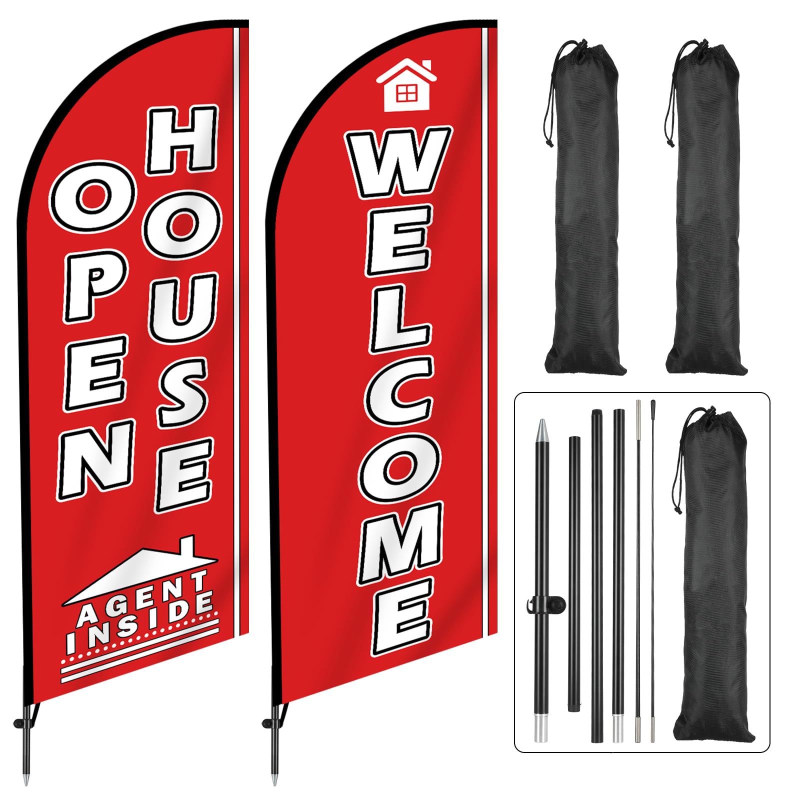 View 1 of 2 Sets Open House Feather Flag for Businesses Welcome House Swooper Banner Sign with Carbon Fiber Pole and Advanced Ground Stake Portable Bag Open Advertising Flag Banner for Business Outside