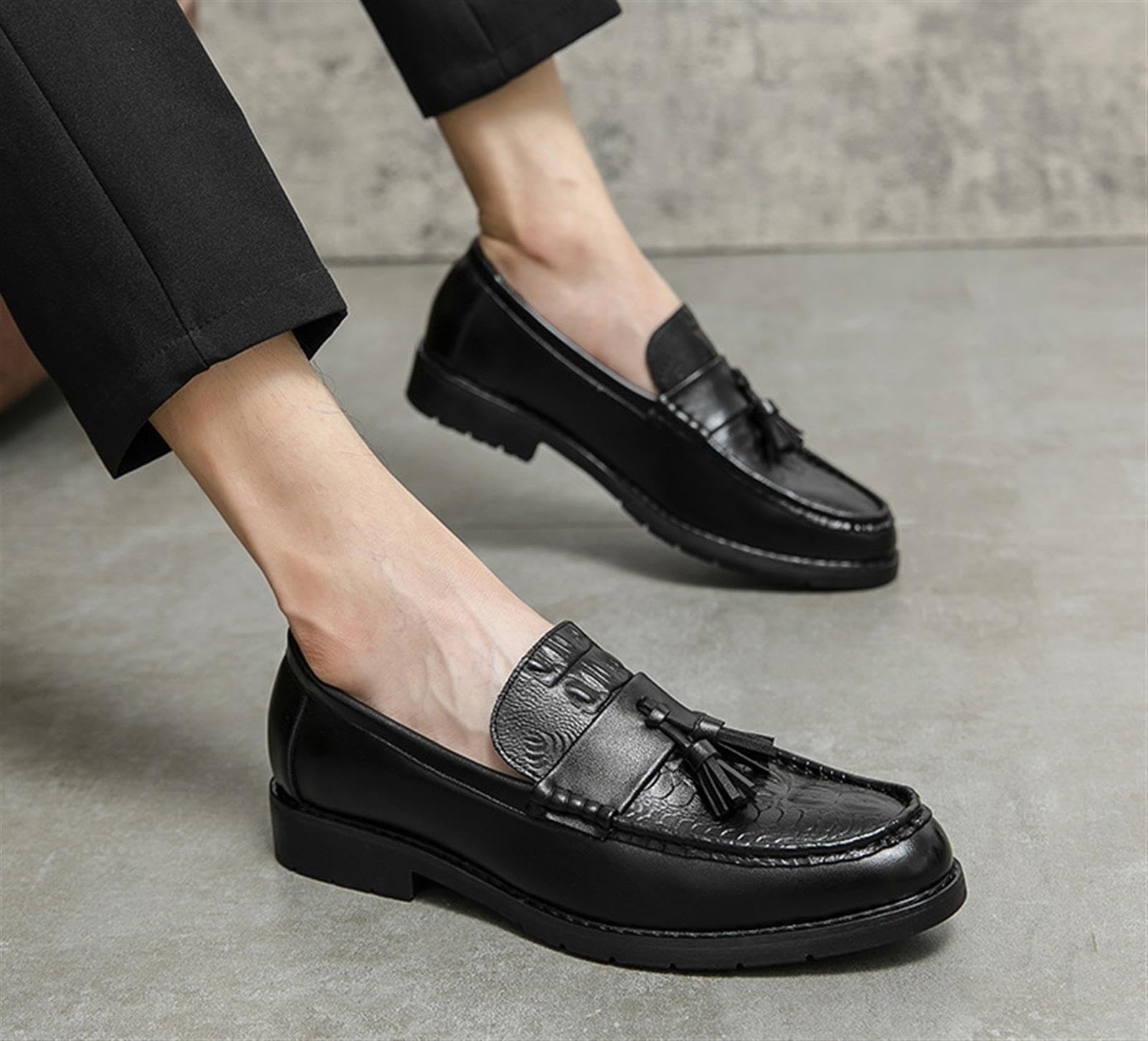 Mocasines con Borlas para Hombre Zapatos de Vestir Sin Cordones Patrón de Cocodrilo Cuero Sintético Casual Negocios Boda