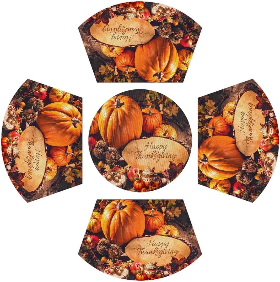 Thanksgiving Pumpkin Decoration Wedge Placemats Set of 4+1pcs PVC Washable Wedge Place mats Round Table mat Wipeable Plastic Dining Table mats for Kitchen Indoor Outdoor Patio Table Decor